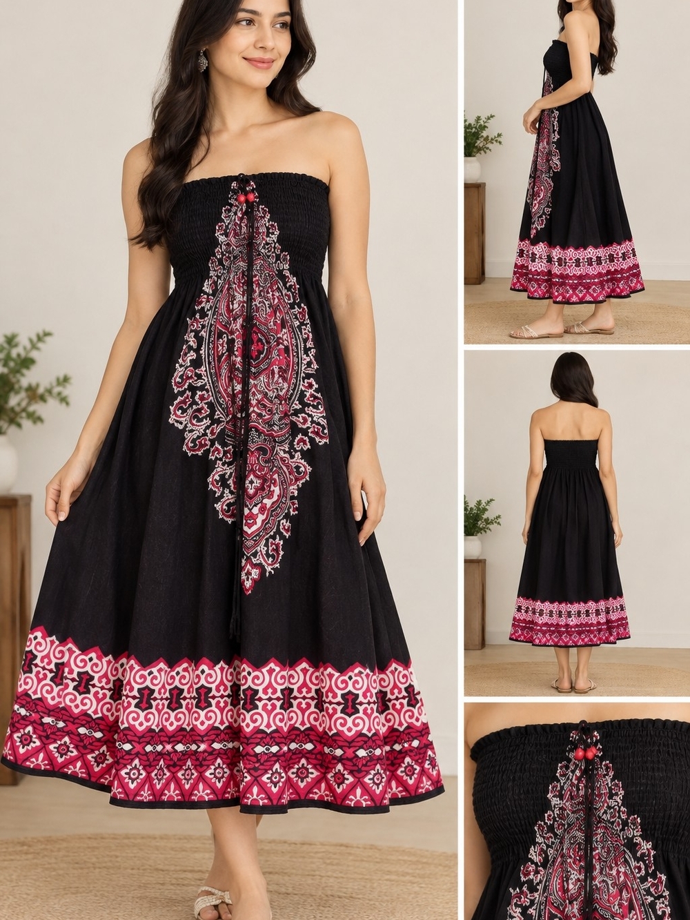 Lily Morgan Midi Smocked Dress Strapless Black Maxi Dress with Pink Border Print